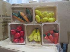 240 x SETS OF BRAND NEW PACKAGED WOODEN FRUIT ACCESSORIES IN WOODEN CRATES. SUCH AS: CARROTS,