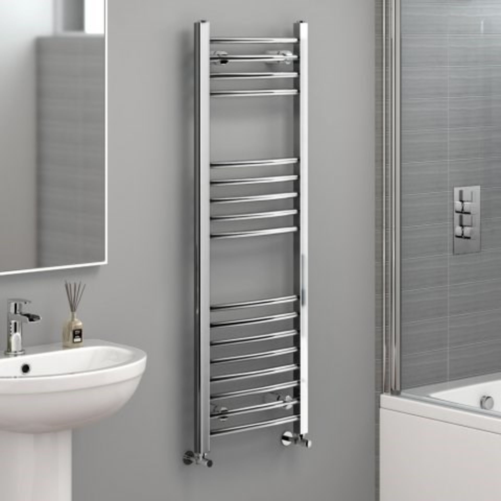 BRAND NEW BOXED 1200x400mm - 20mm Tubes - Chrome Curved Rail Ladder Towel Radiator. NC1200400.Our
