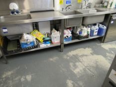 Large Quantity of Cleaning Materials to Shelving to include mops, washing up liquids, dishwasher