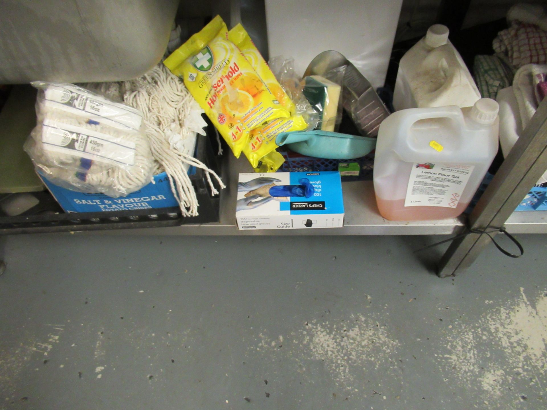 Large Quantity of Cleaning Materials to Shelving to include mops, washing up liquids, dishwasher - Image 2 of 4