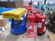 6 x fire extinguishers, 4 x 'Wet Floor' signs, stool etc.