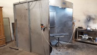 Spray booth fully vented. Dimensions, approx.: Width = 7ft, Height = 7ft, and Depth = 8ft *Ducting