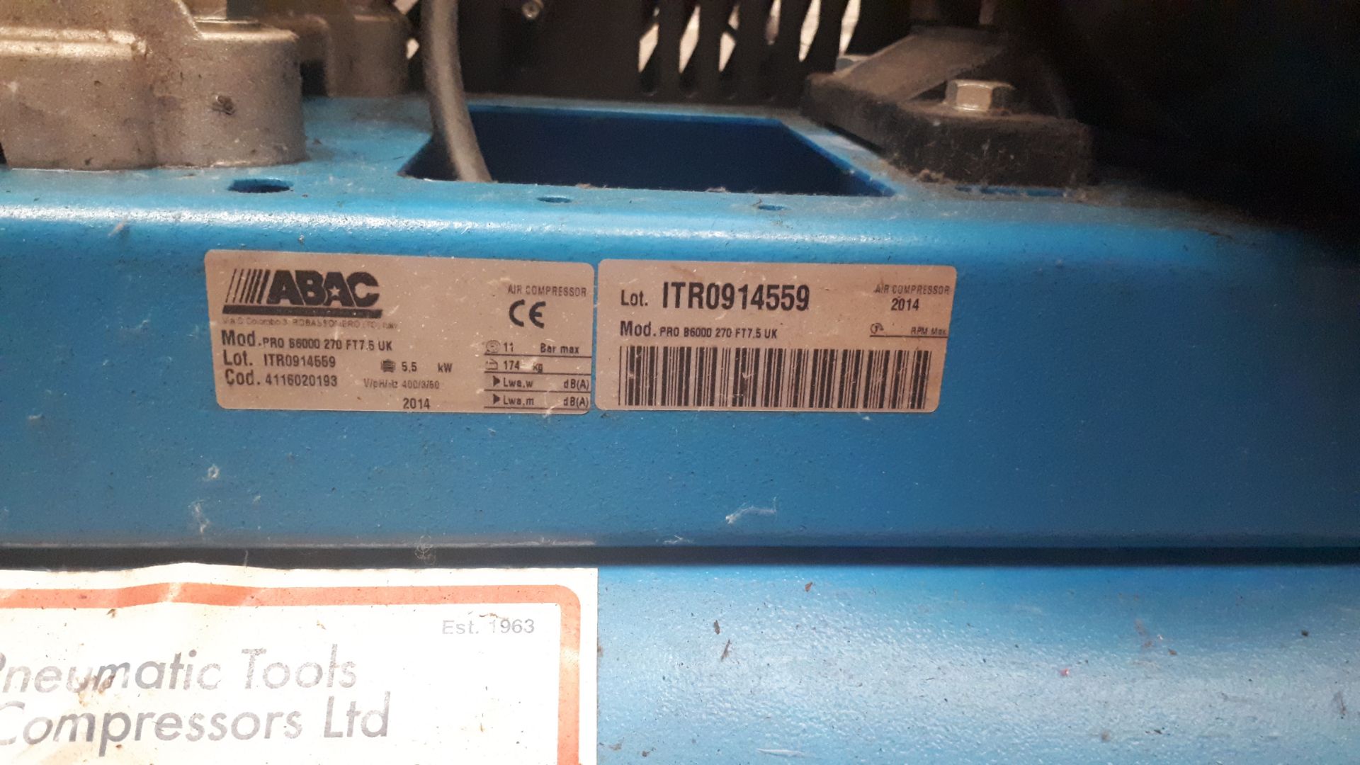 Abac Pro B6000 270 FT7.5 compressor, Year 2014 *Please note, the machine is hard wired and it is the - Image 2 of 2