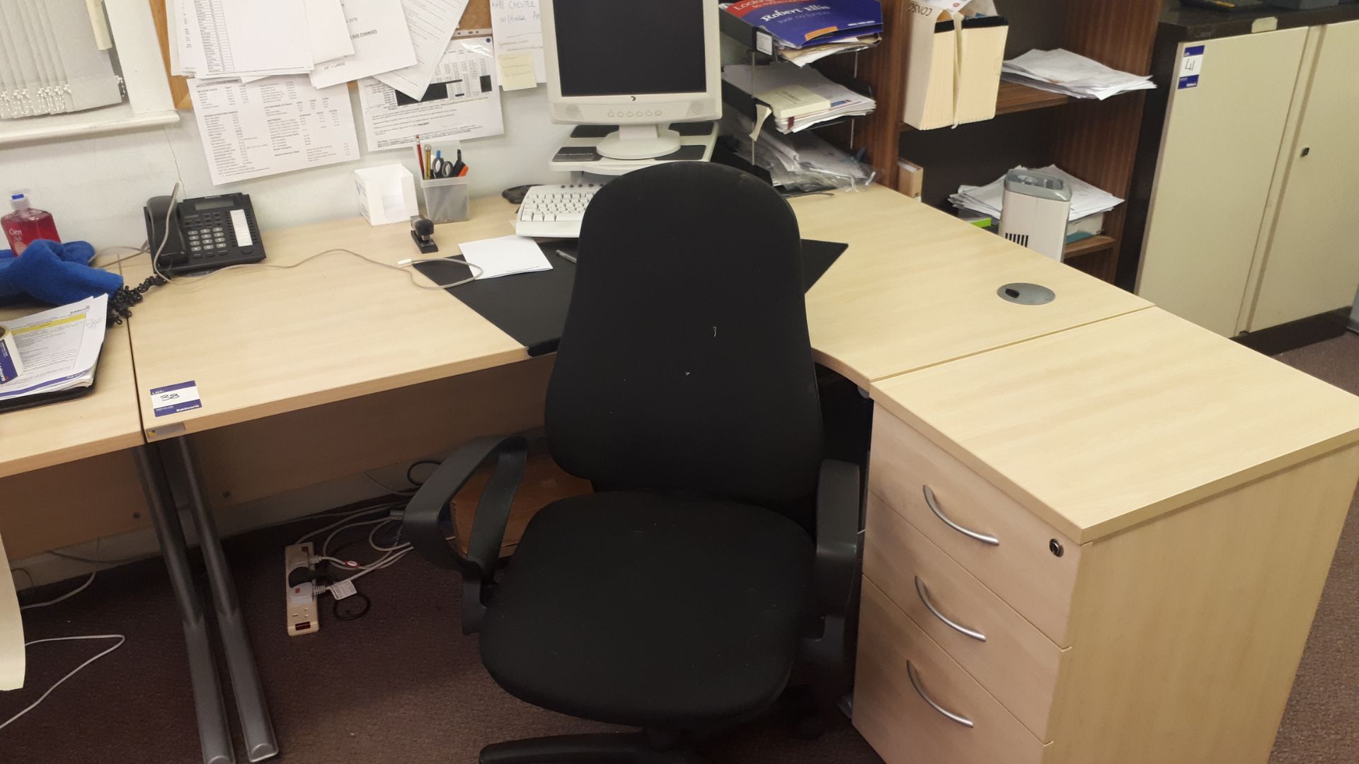 Single person light oak effect workstation, pedestal, and operators chair (Computers and phones