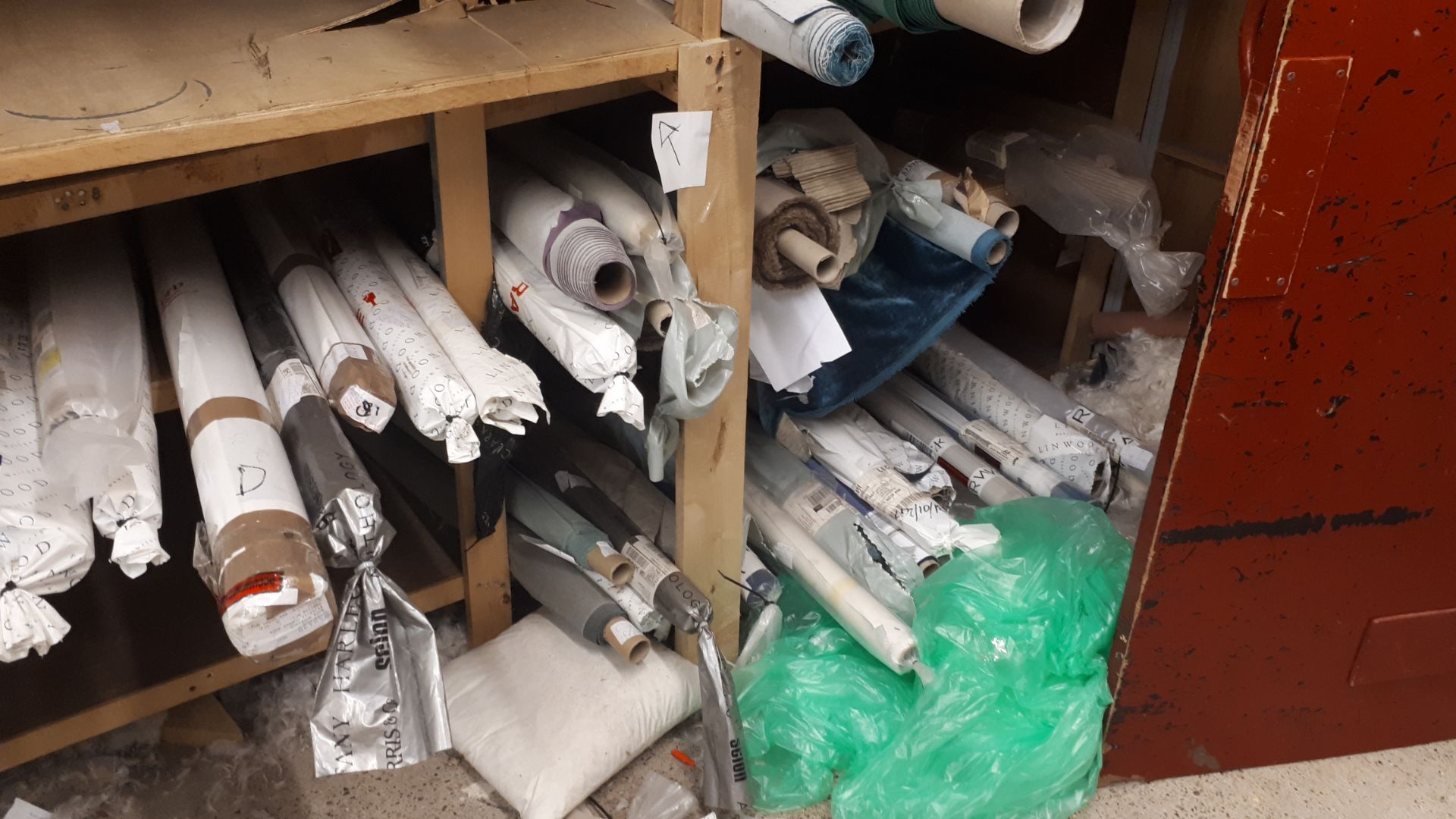 Assortment of various rolls of fabric, including off-cuts, to 4 x bays of wooden racking - Image 4 of 4