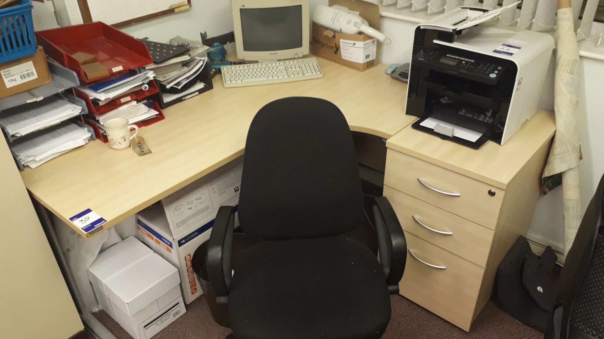 Single person light oak effect workstation, pedestal, and operators chair (Computers and phones