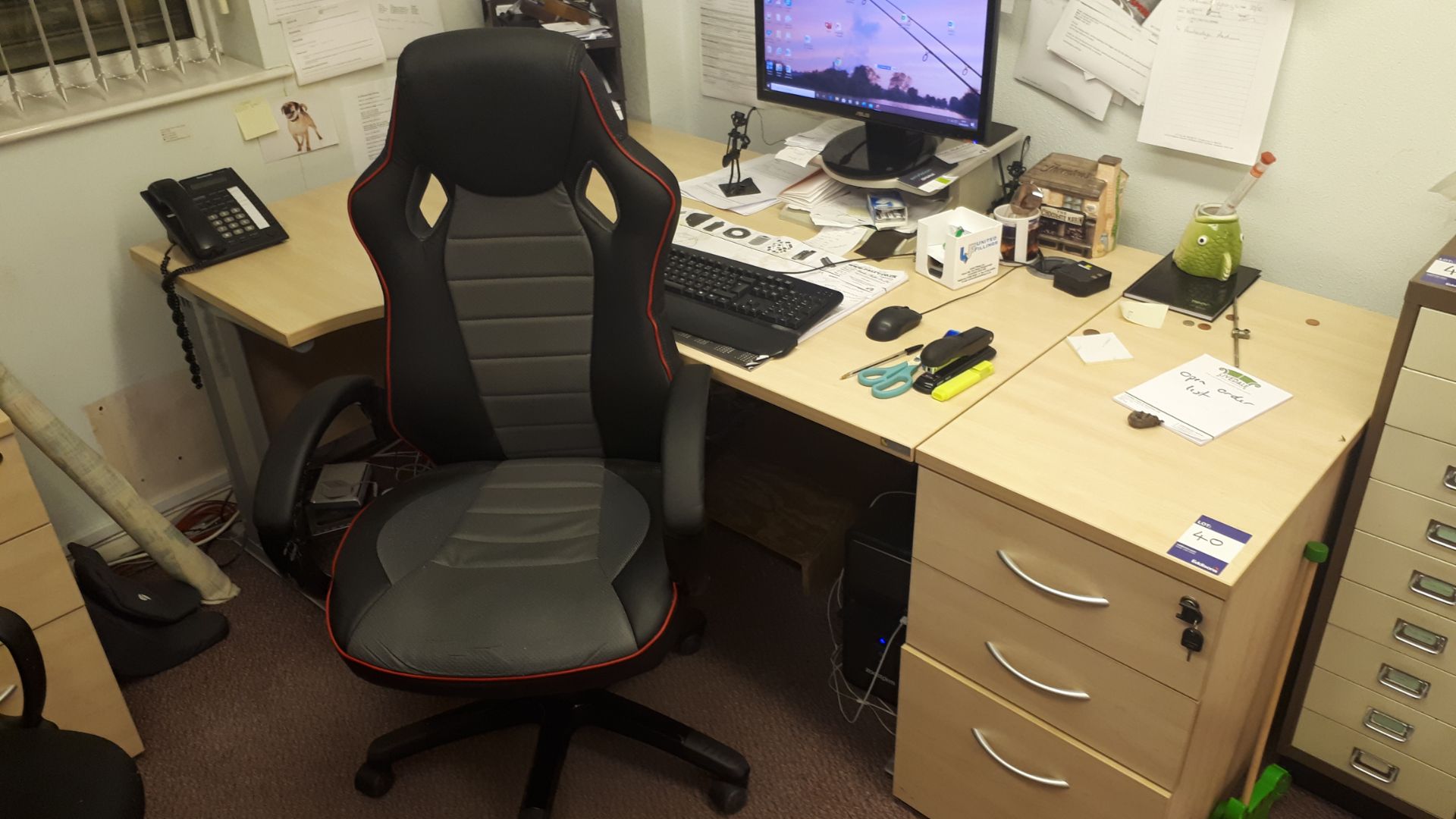 Single person light oak effect workstation, pedestal, and operators chair (Computers and phones