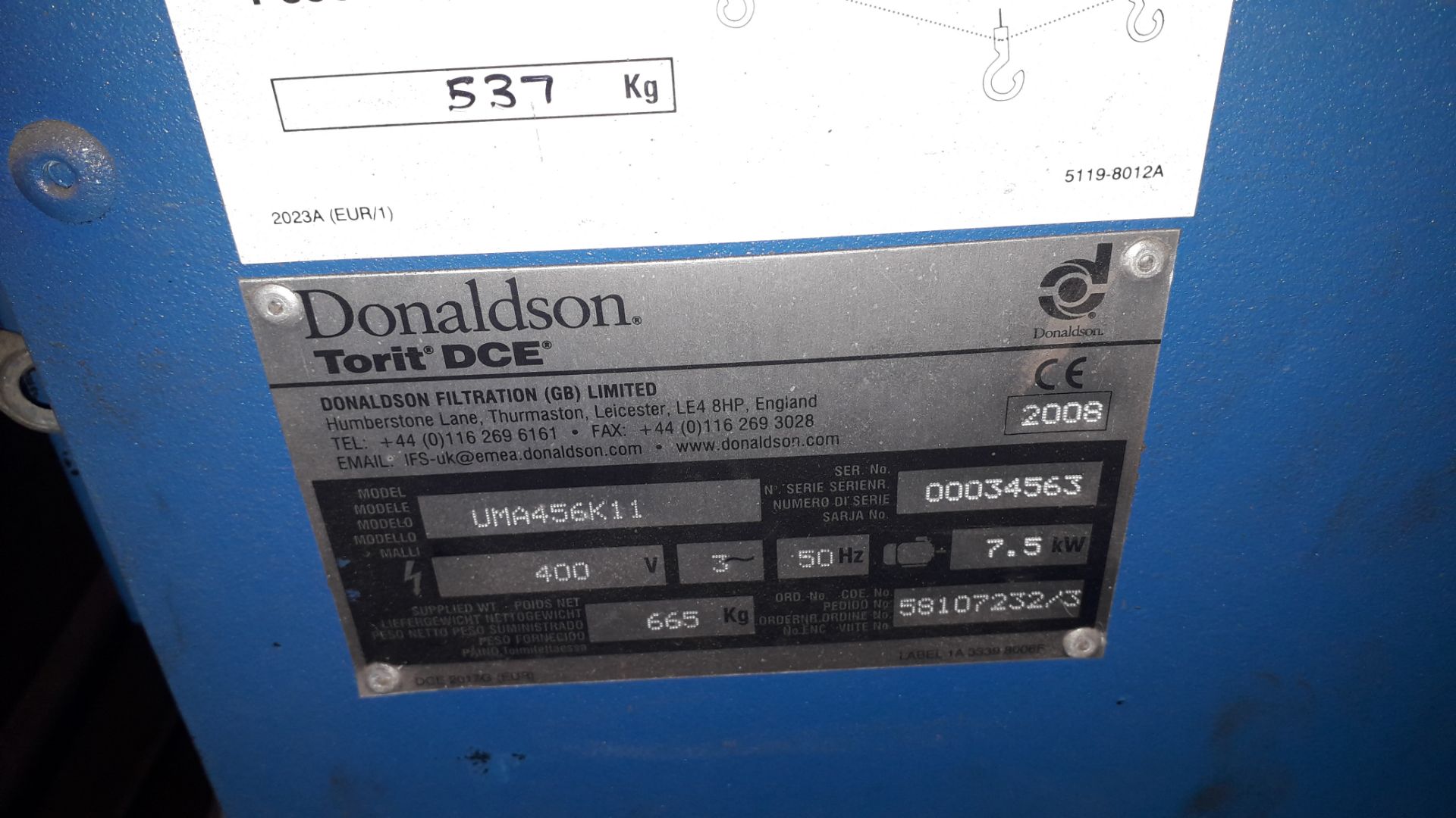 Donaldson Torit DCE UMA456K11 Dust Extraction Unit (2008) Serial Number 00034563 - 400v Approx 600kg - Image 2 of 8