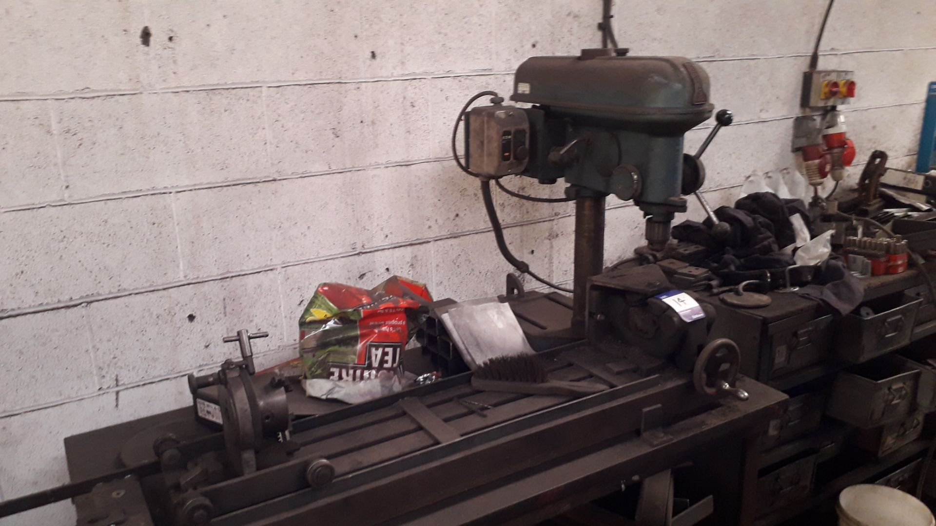 Meddings Drilltru Bench Mount Pillar Drill Serial Number 21229 with Tubular Post Drill Jig and Steel