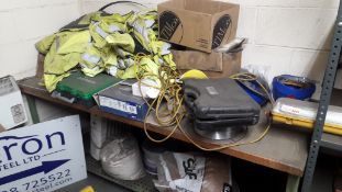 2 x Tables and Contents to include Welding Wire, Power Tool Chargers and Hi Vis Jackets, Brown