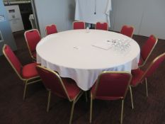 LARGE FOLDING TABLE AND 10 x STACKING RED CUSHIONED CHAIRS