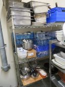 LARGE 4 TIER STAINLESS STEEL RACK TO INCLUDE ALL CONTANTS - STAINLESS STEEL PANS, SERVING DISHES