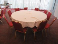 LARGE FOLDING TABLE 182x182cm. AND 10 x STACKING RED CUSHIONED CHAIRS