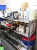 LARGE 4 TIER STAINLESS STEEL RACK TO INCLUDE ALL CONTANTS - CROCKERY, CLEANING DETERGENT ETC
