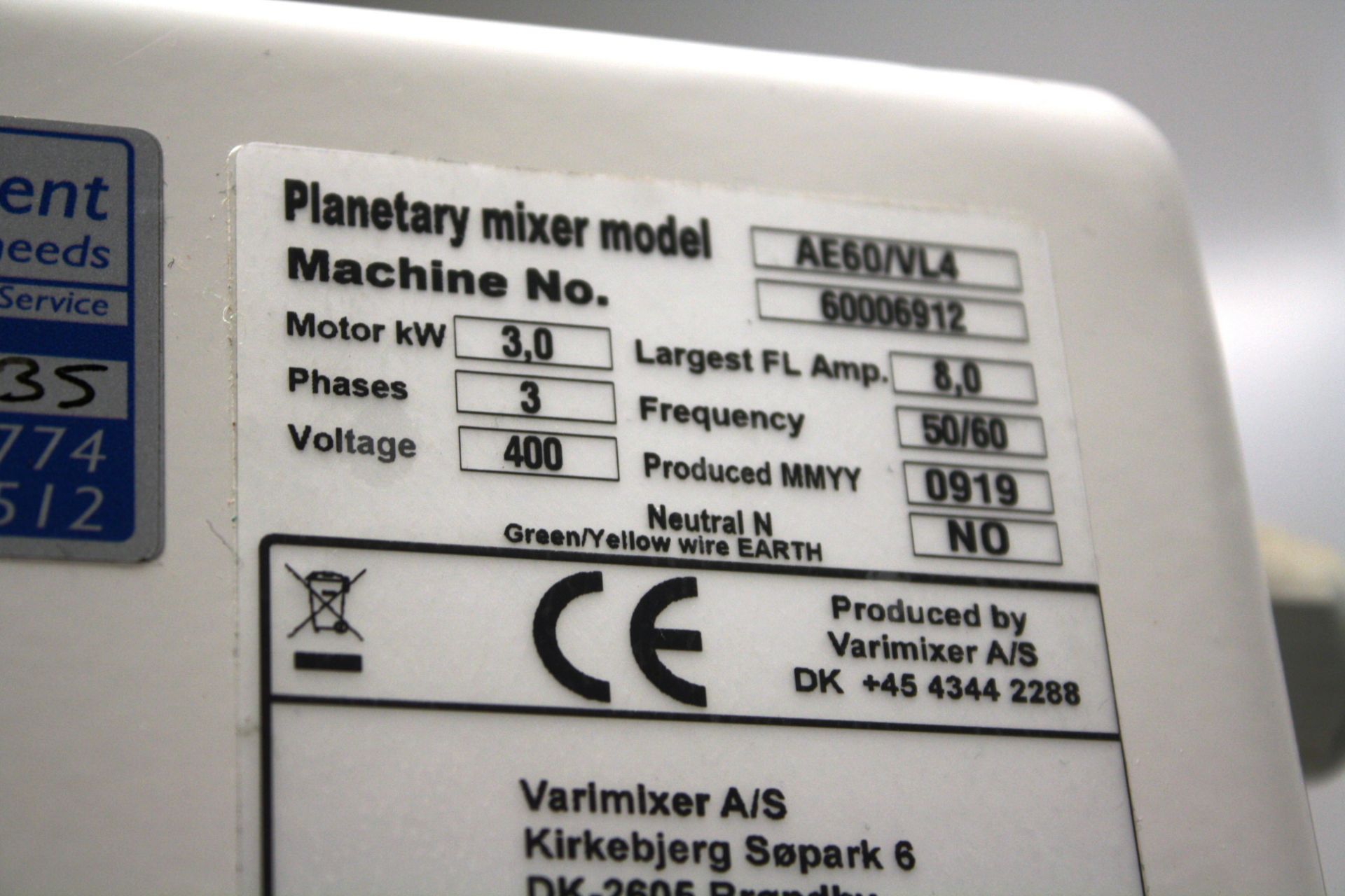 Varimixer Planetary Mixer Model AE60/VL4 Serial Nu - Image 3 of 3