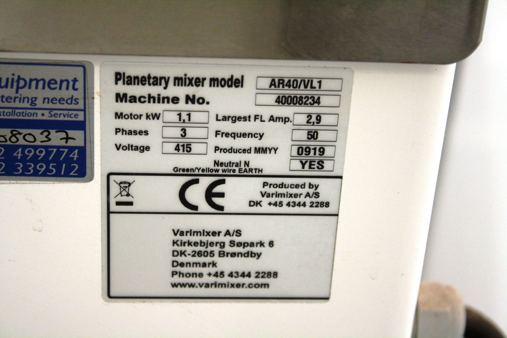 Varimixer Planetary Mixer Model AR40/VL1 Serial Nu - Image 2 of 2