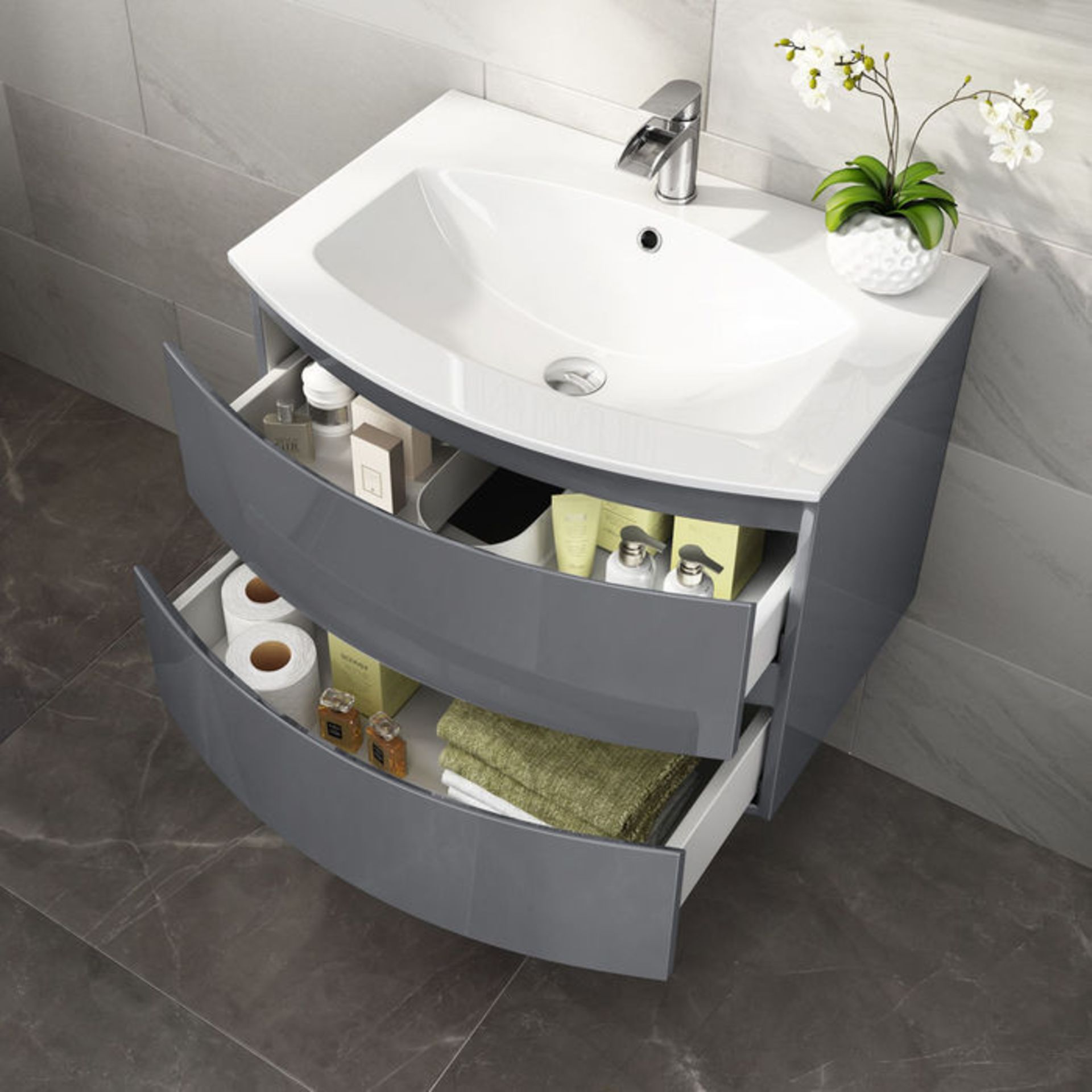 BRAND NEW BOXED 700mm Amelie Gloss Grey Curved Vanity Unit - Wall Hung. RRP £599.99. Comes - Image 2 of 2