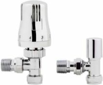 BRAND NEW BOXED Chrome Thermostatic Control Angled Designer Radiator Valves Pair 15mm ½" NEW. RRP £