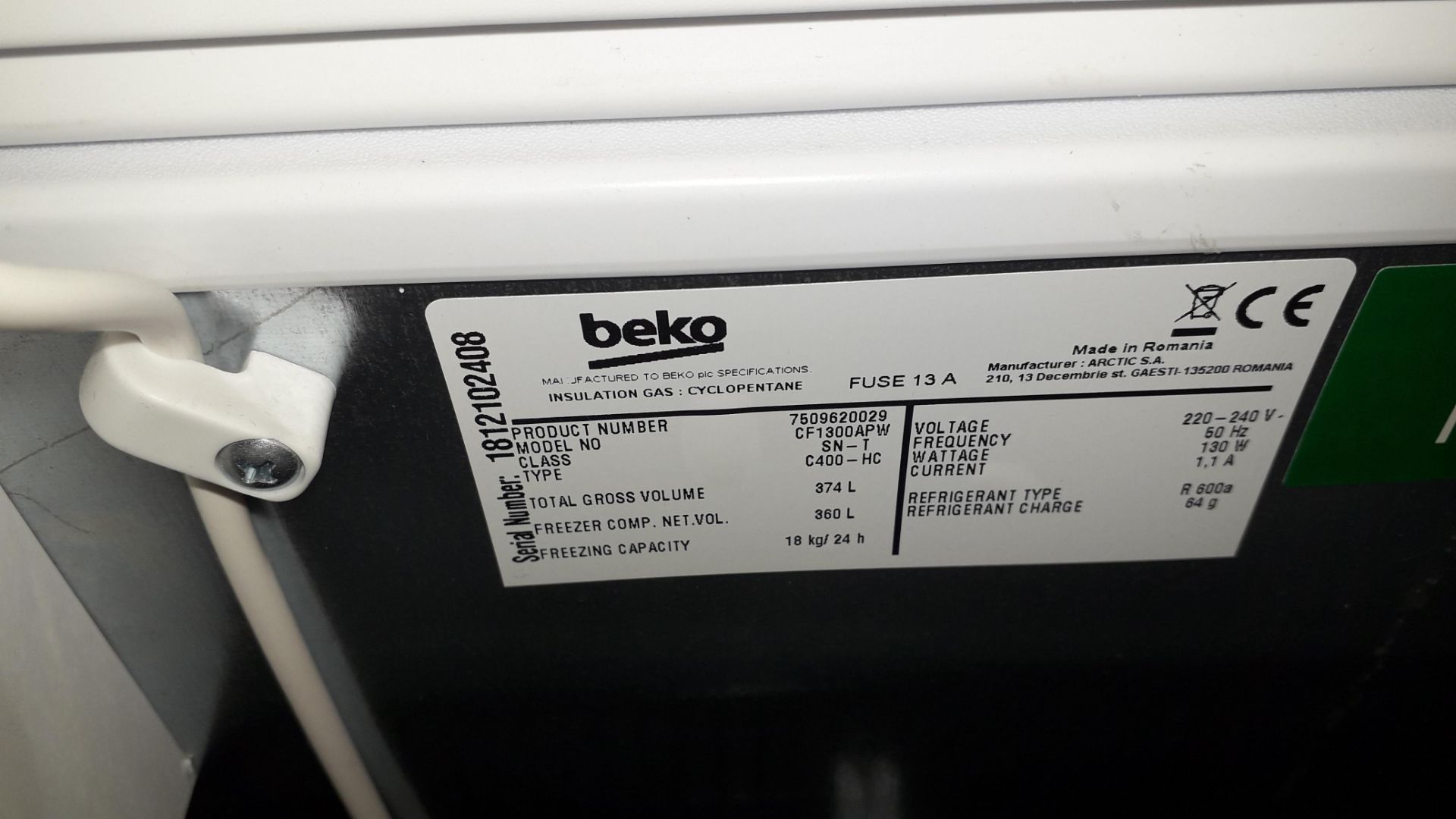 Beko CF1300APW White 374Ltr Chest Freezer (located - Image 3 of 3