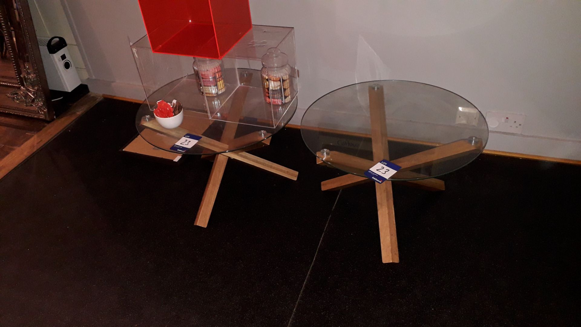 2 x glass topped 60cm dining tables with wooden cr