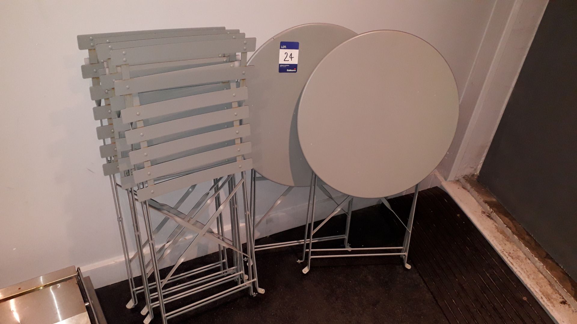 2 x steel folding round tables and 4 x steel foldi