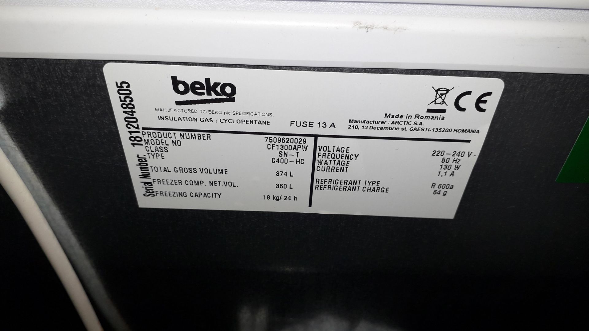 Beko CF1300APW White 374Ltr Chest Freezer (located - Image 3 of 3