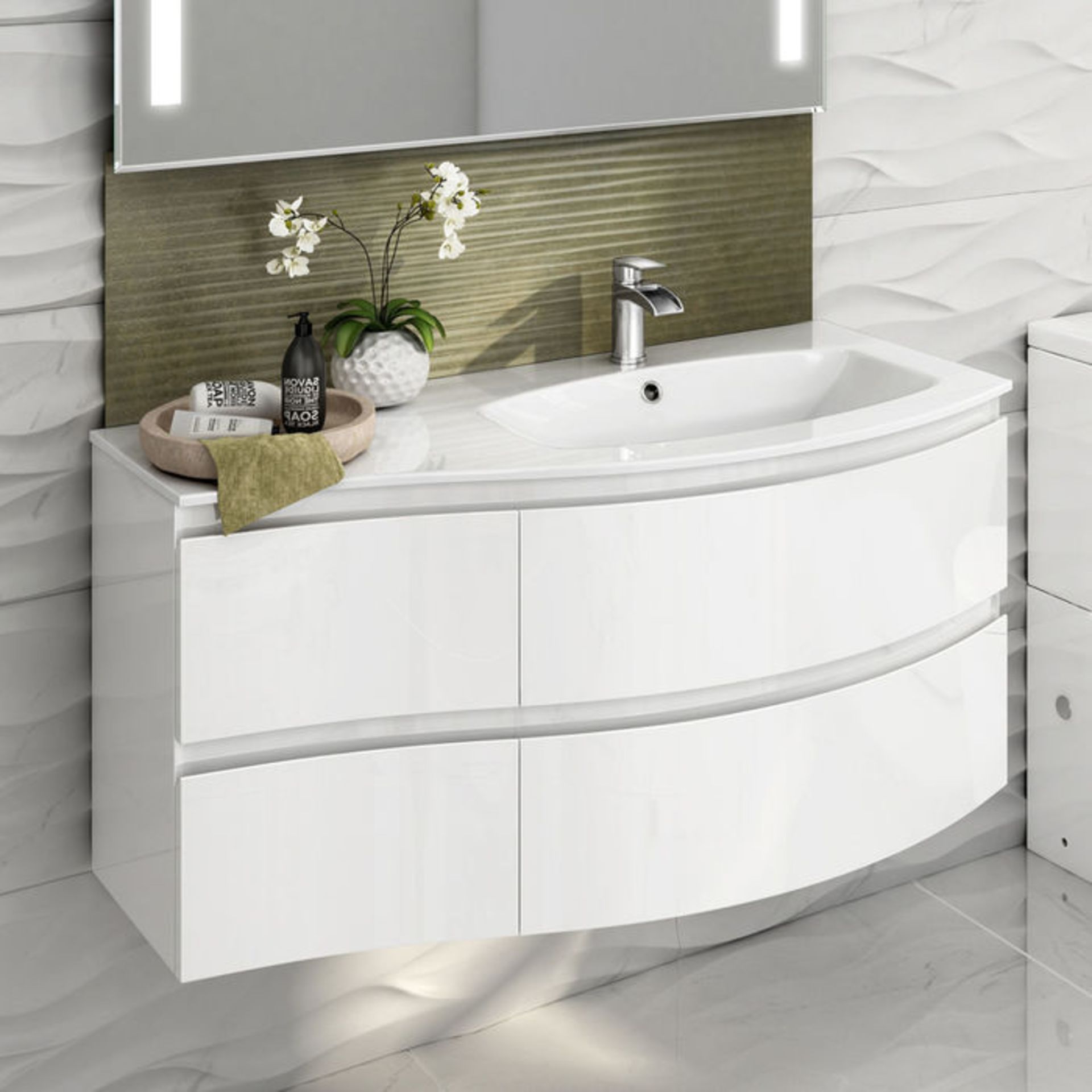 BRAND NEW 1040mm Amelie High Gloss White Curved Vanity Unit - Right Hand - Wall Hung. RRP £1,499.