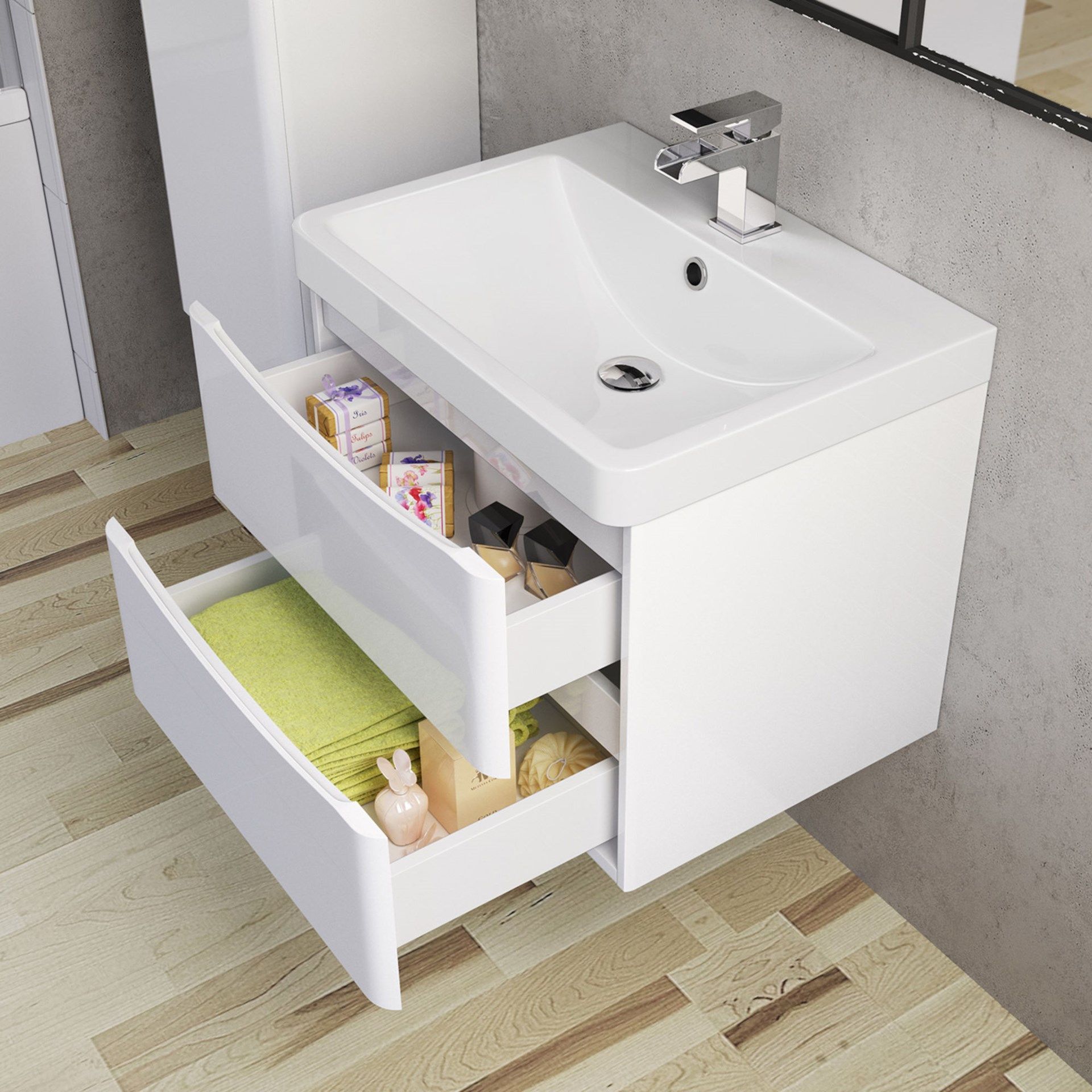 BRAND NEW BOXED 600mm Austin II Gloss White Built In Basin Drawer Unit - Wall Hung.RRP £849.99.Comes - Image 2 of 3