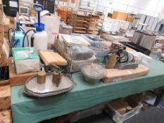 Contents of table top to include chain door fly screen, brass blow lamp, glass punch bowl and spot/f