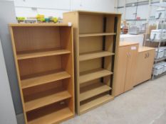 2 x wooden effect bookcases with 2 x two door cabinets