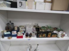 A shelf of Halcyon Days ceramics, glassware etc