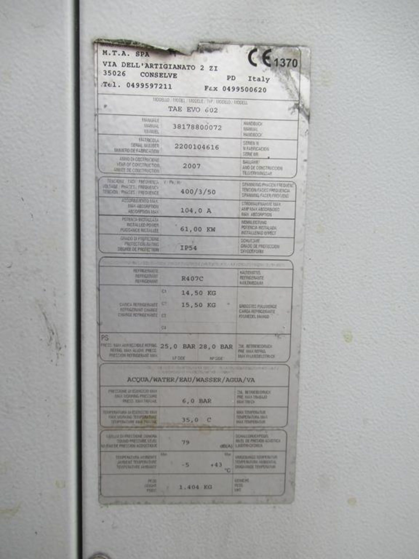 A 2007 M.T.A. SPA TAE EVO 602 industrial chiller - Image 6 of 9