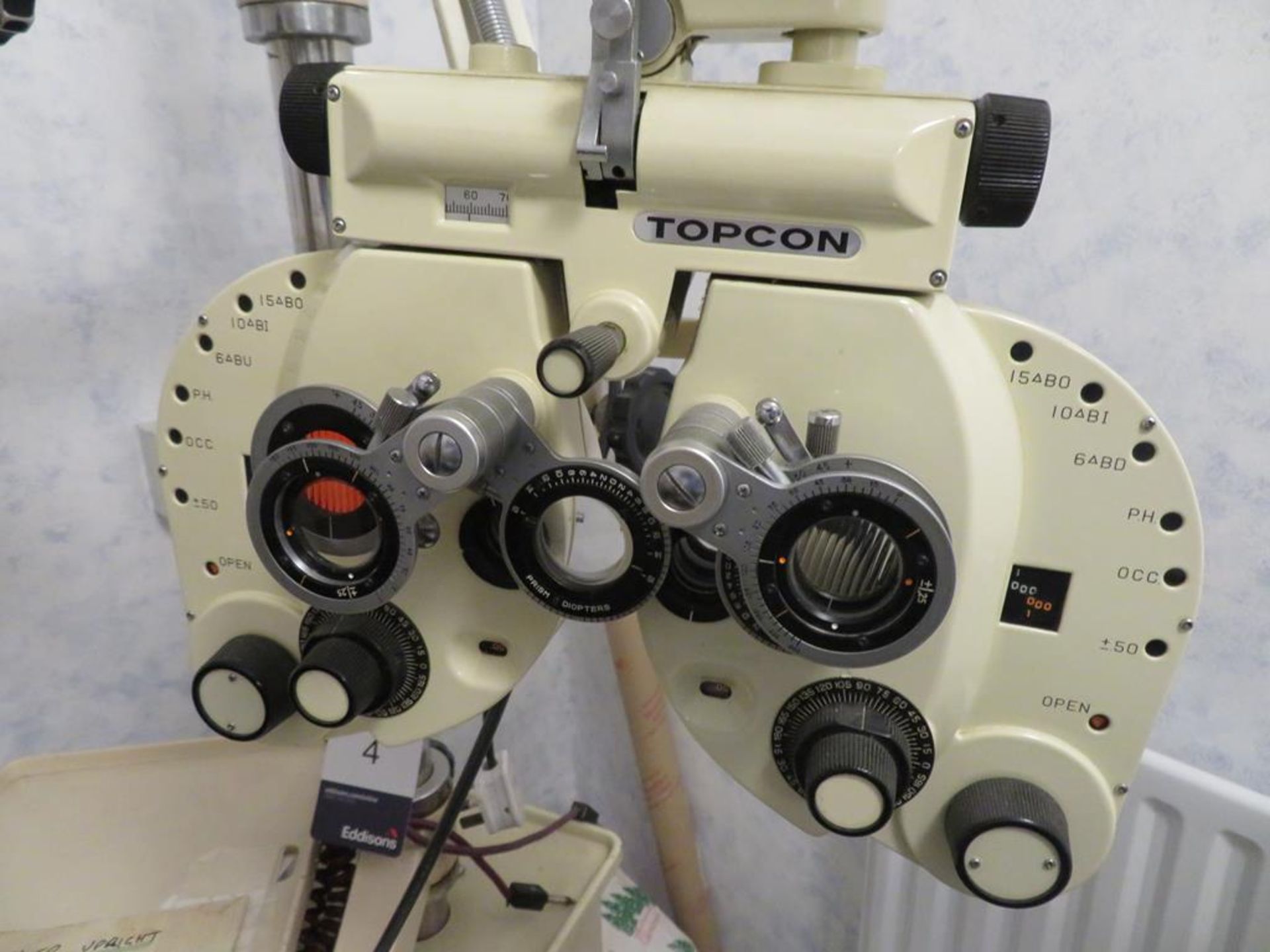 Topcon stand unit with refractor and chair and an eye test wall chart cabinet - Image 2 of 2