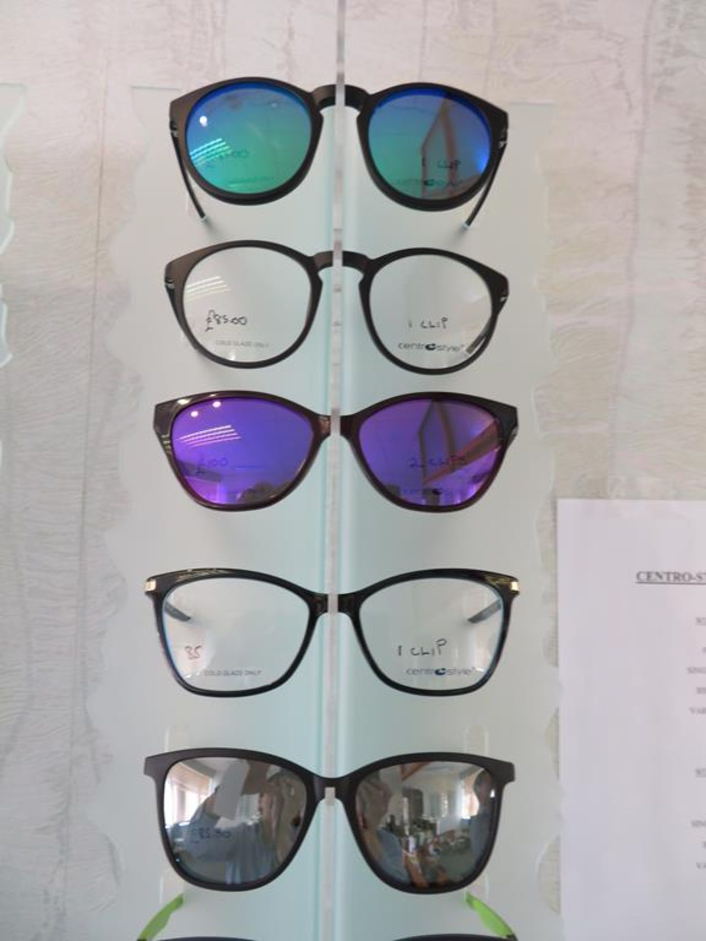 12 x pairs of centre style display spectacles with magnetic tinted lens covers