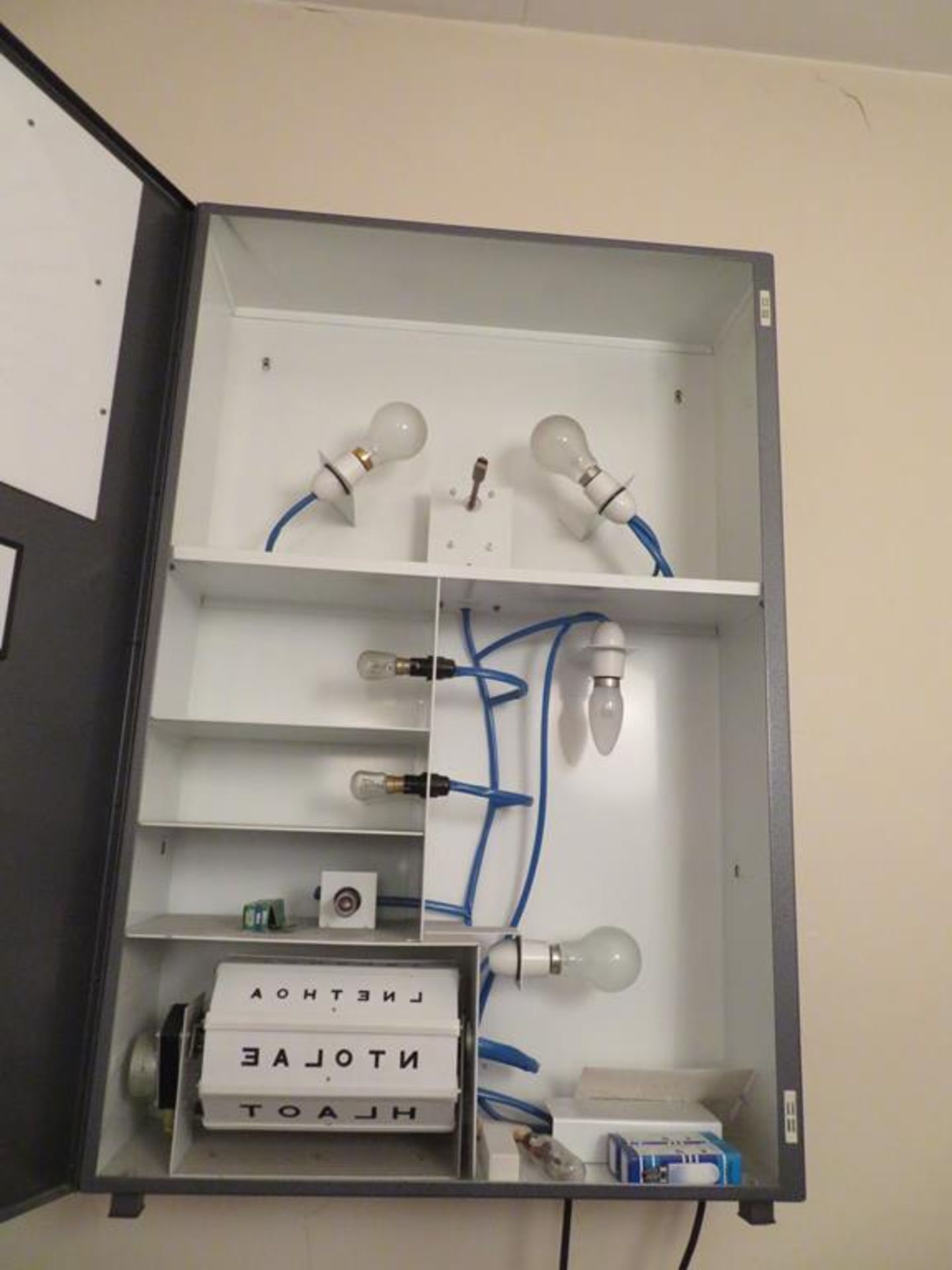 Eye test wall chart cabinet, tripod mounted mirror & spare controller - Image 2 of 3