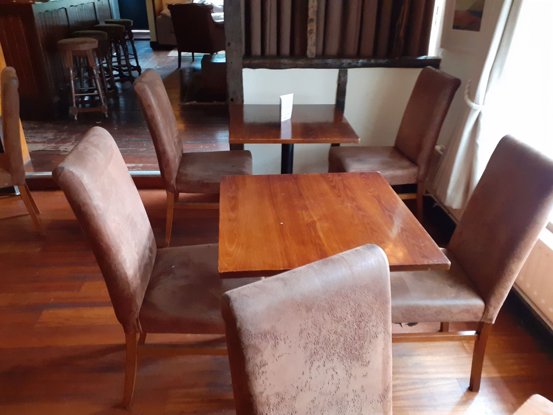 3 Oak topped pedestal dining tables with 8 suede e - Image 2 of 3