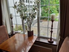 Pair of turned wood candle stands & glass vase wit