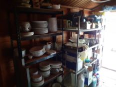 3 Shelving units & contents of crockery & consumab