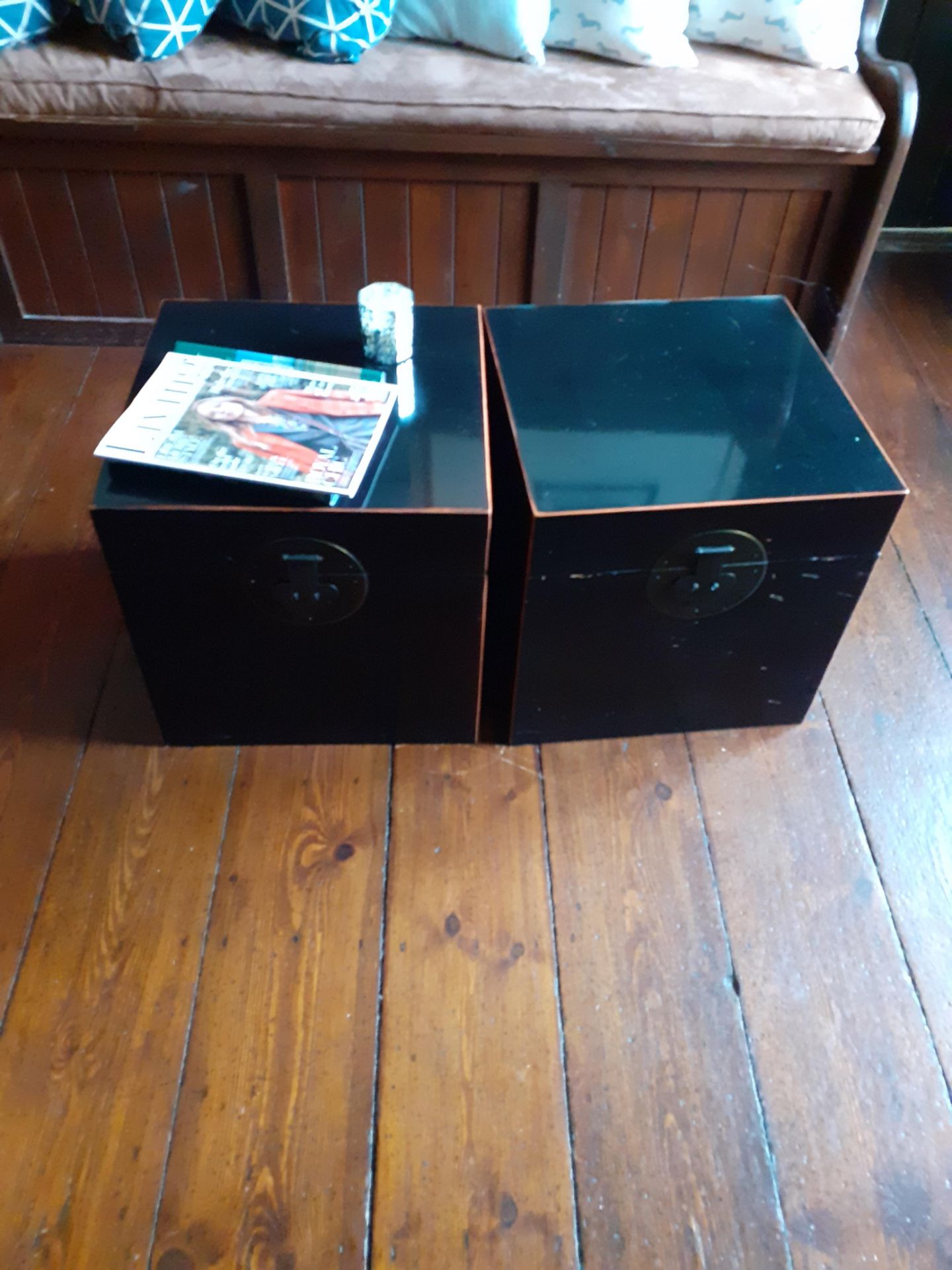 2 Black lacquer style cube chest & 3 vases