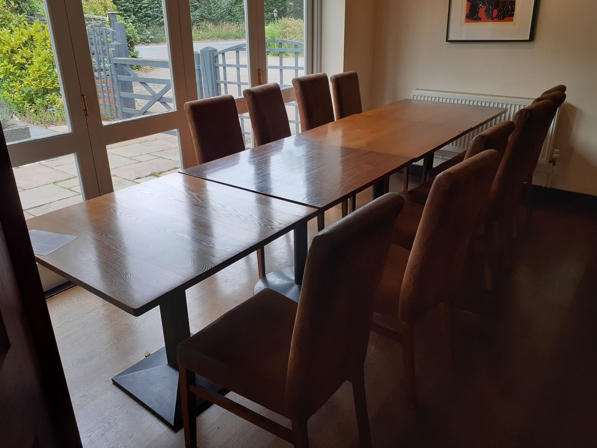 4 Oak topped pedestal dining table with 10 suede e