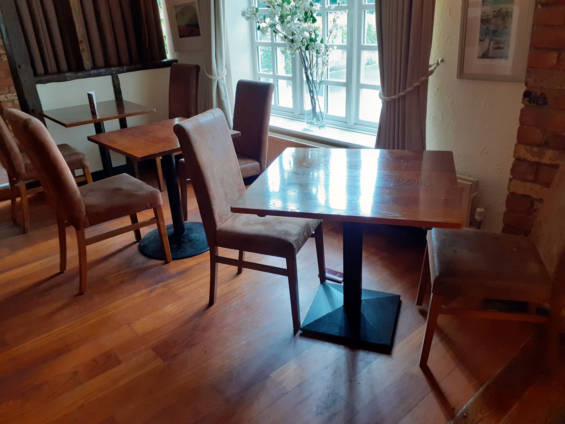 3 Oak topped pedestal dining tables with 8 suede e