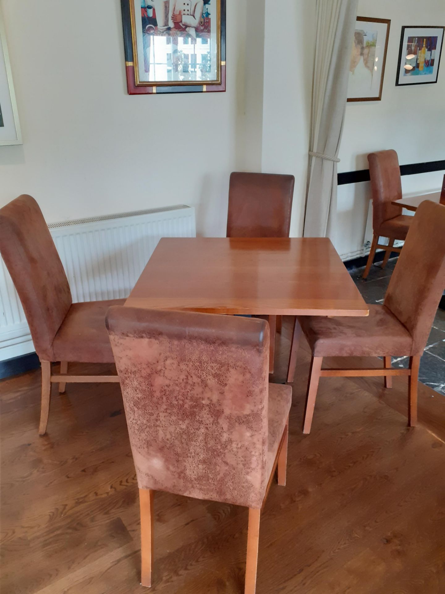 3 Oak topped pedestal dining table with 8 suede ef