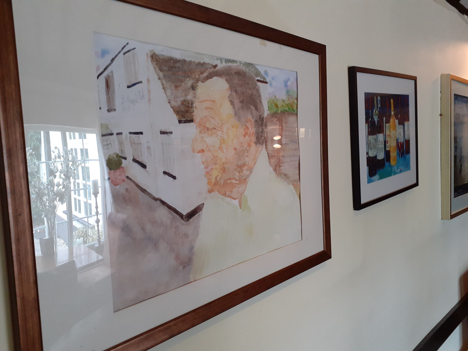 Framed unsigned David Holmes watercolour portrait & 2 framed prints