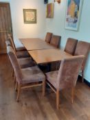 3 Oak topped pedestal dining table with 9 suede ef