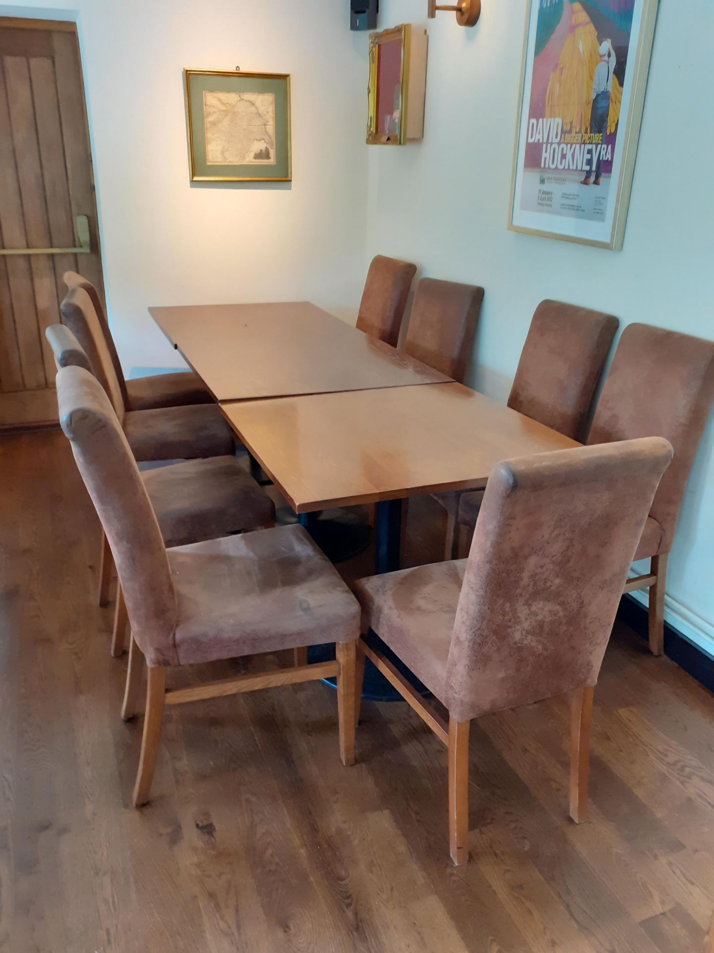 3 Oak topped pedestal dining table with 9 suede ef