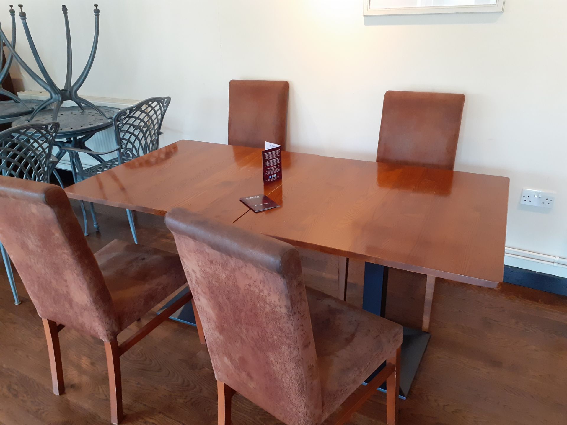 3 Oak topped pedestal dining table with 8 suede ef - Image 2 of 2