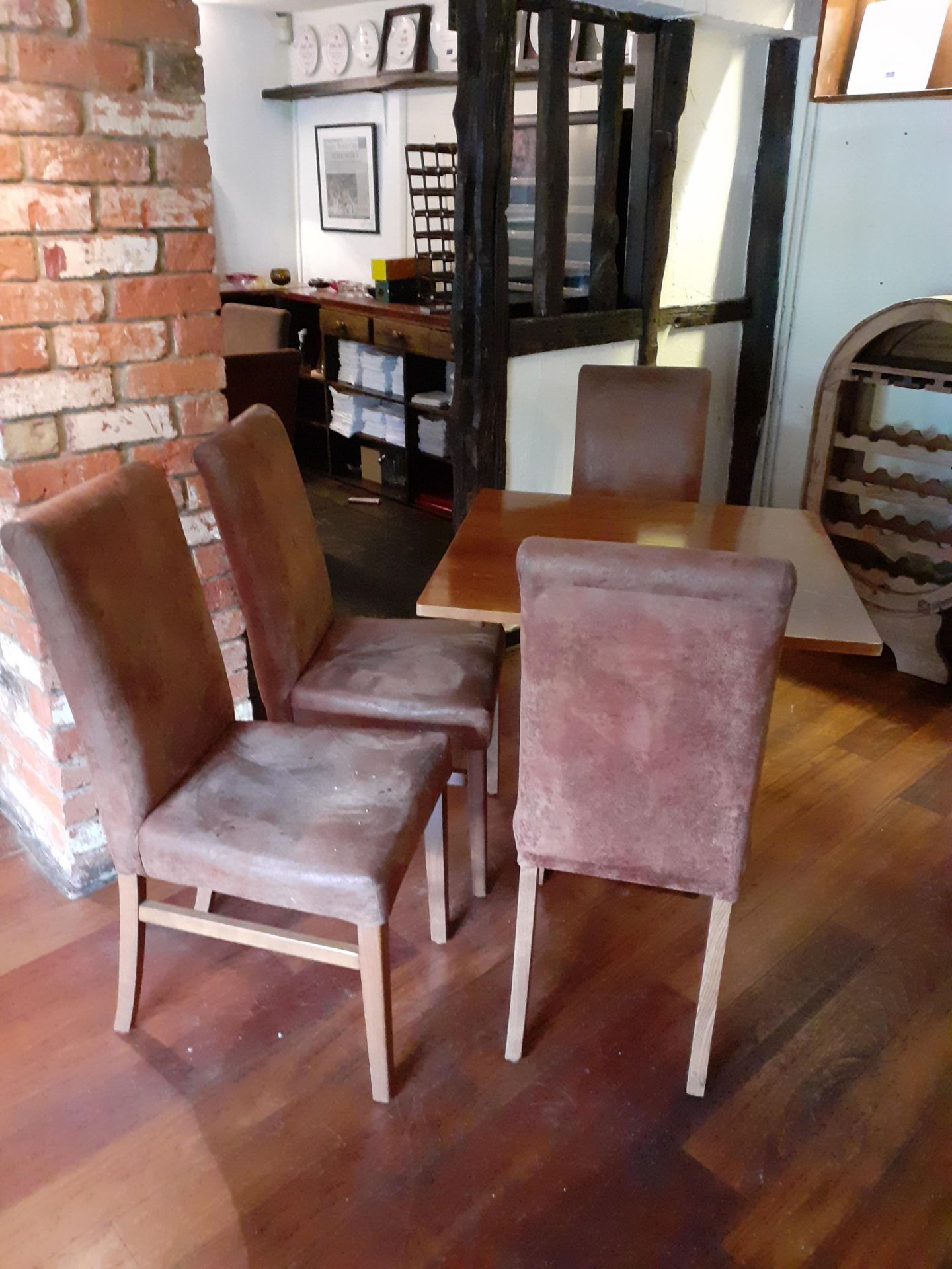 2 Oak topped pedestal dining tables with 8 suede e - Image 2 of 2