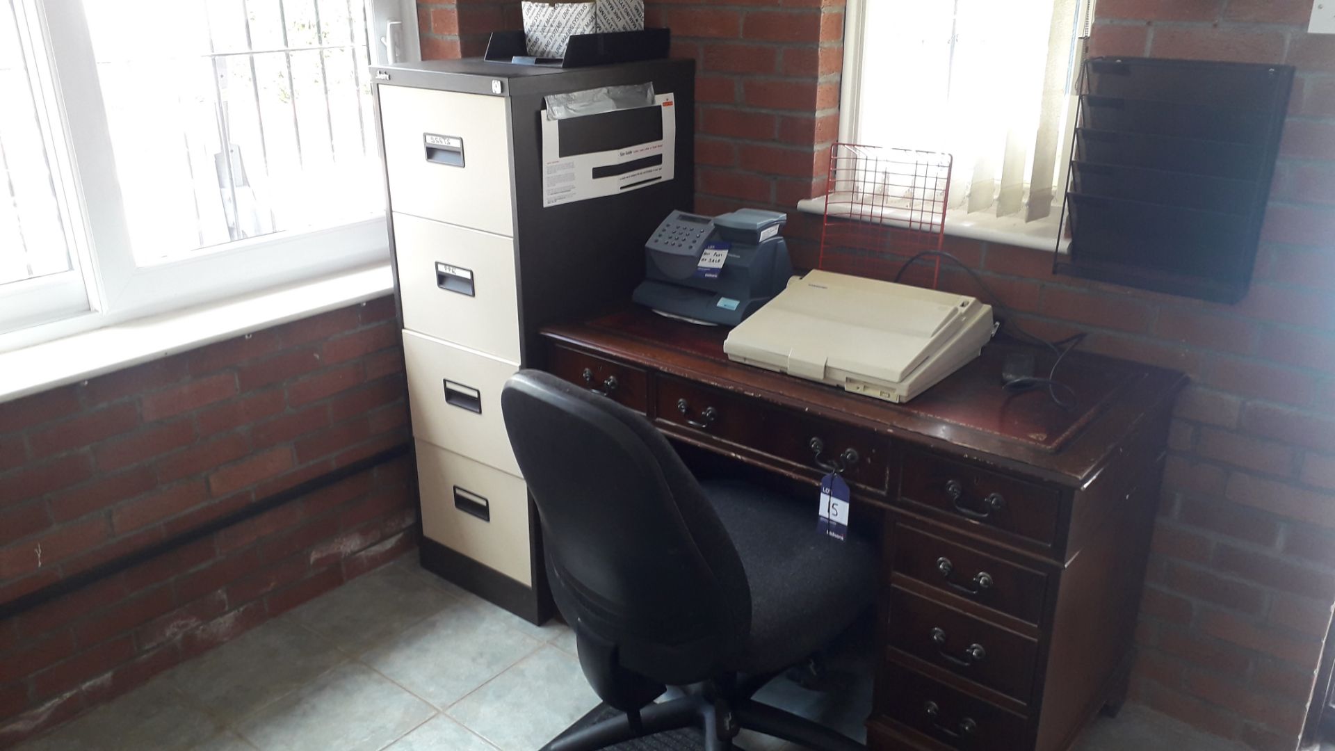 Contents of office to include Antique Style Twin Pedestal Desk, 3 x Steel 4 Drawer Filing