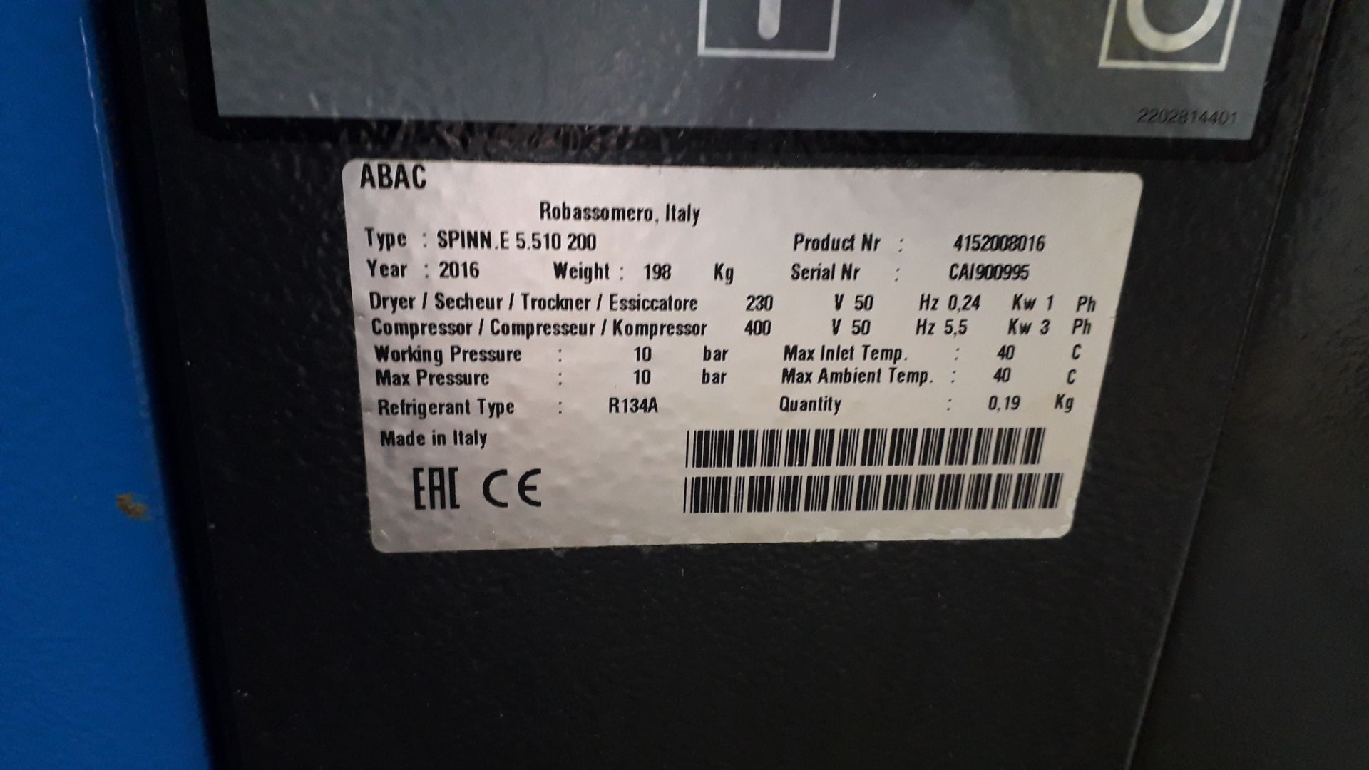 ABAC Spinn E 5.510 Space 200 Screw Compressor moun - Image 6 of 6