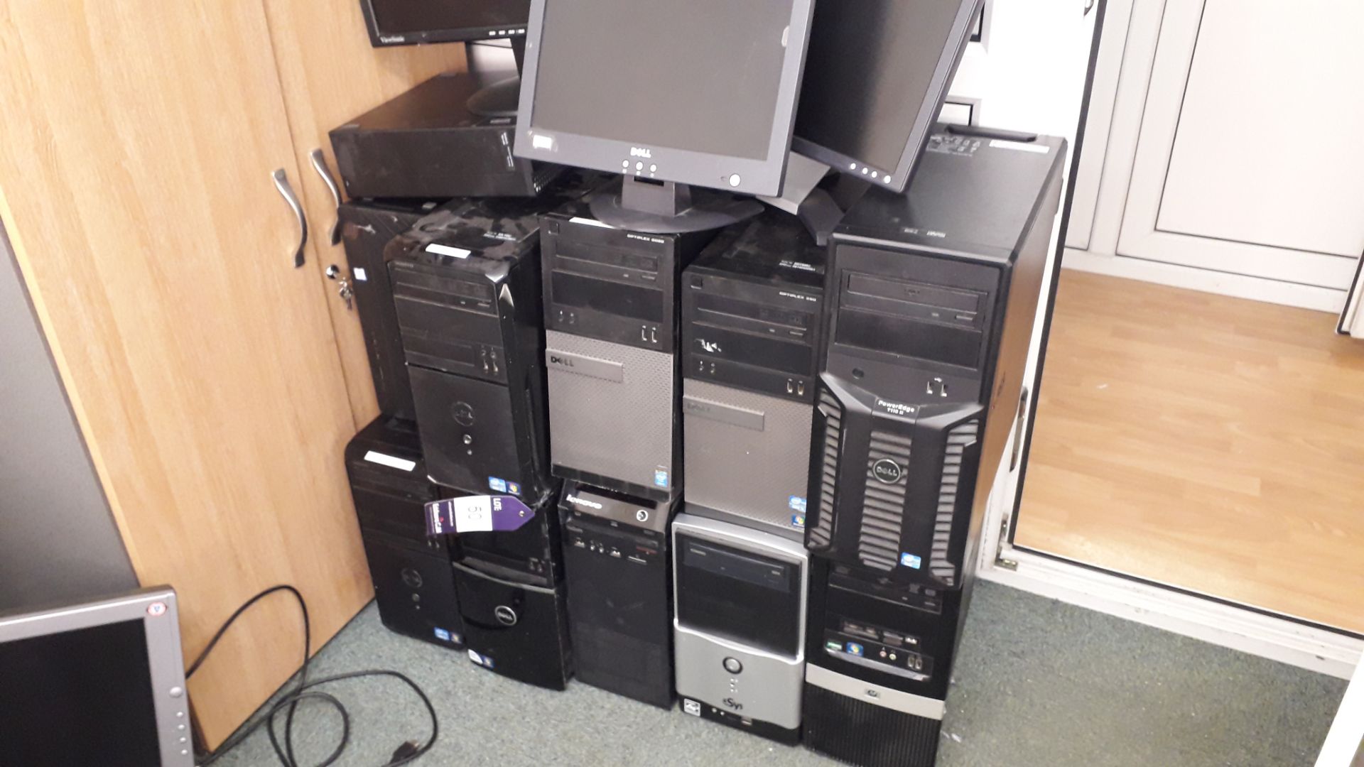 9 x Various Computers (Hard Drives Removed) with 4 x Various Monitors